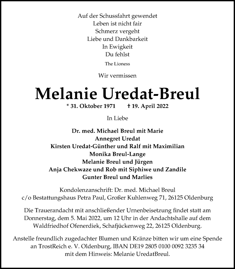  Traueranzeige für Melanie Uredat-Breul vom 30.04.2022 aus Nordwest-Zeitung