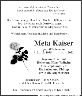 Traueranzeige von Meta Kaiser von Nordwest-Zeitung