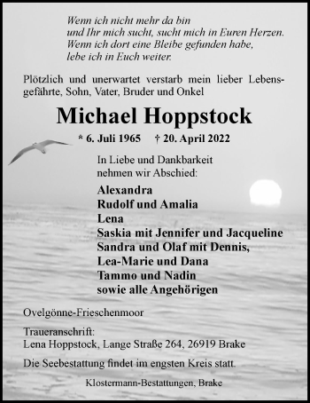 Traueranzeige von Michael Hoppstock von Nordwest-Zeitung