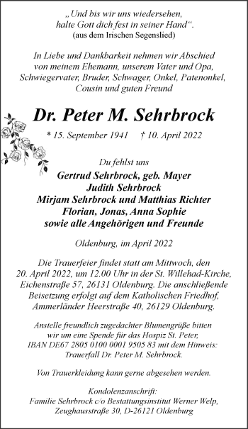 Traueranzeige von Peter Michael Sehrbrock von Nordwest-Zeitung