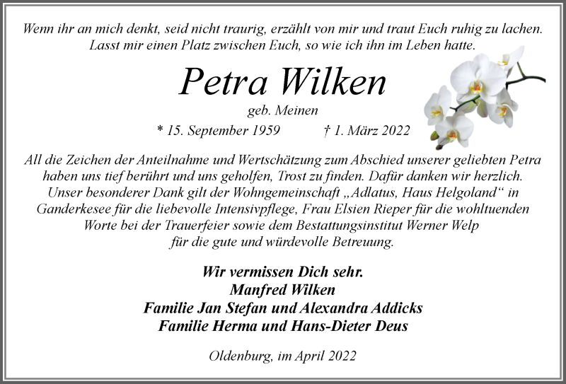  Traueranzeige für Petra Wilken vom 23.04.2022 aus Nordwest-Zeitung