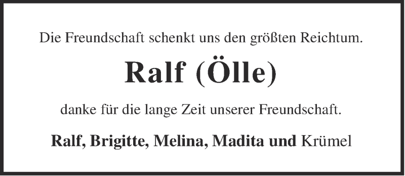  Traueranzeige für Ralf Oeltjebruns vom 26.04.2022 aus Nordwest-Zeitung