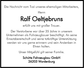 Traueranzeige von Ralf Oeltjebruns von Nordwest-Zeitung
