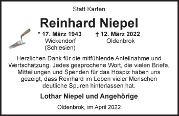 Traueranzeige von Reinhard Niepel von Nordwest-Zeitung
