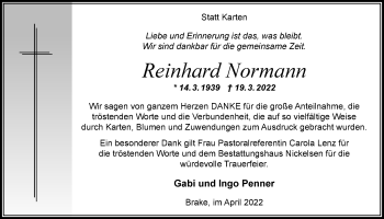 Traueranzeige von Reinhard Normann von Nordwest-Zeitung