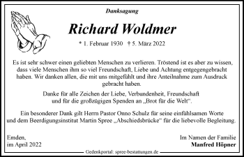 Traueranzeige von Richard Woldmer von Emder Zeitung