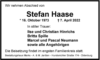 Traueranzeige von Stefan Haase von Nordwest-Zeitung