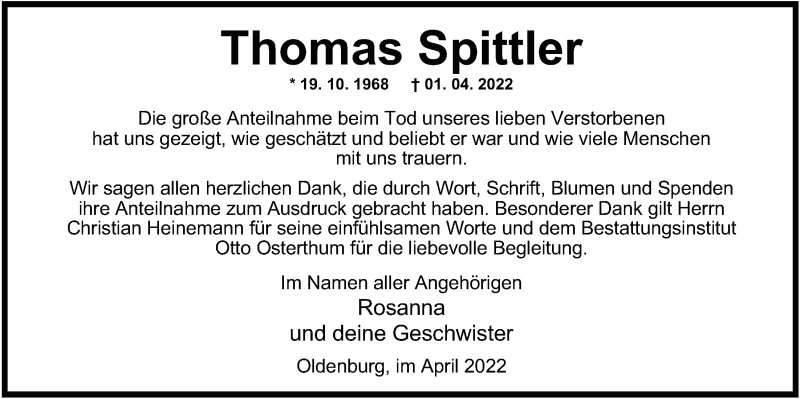  Traueranzeige für Thomas Spittler vom 30.04.2022 aus Nordwest-Zeitung