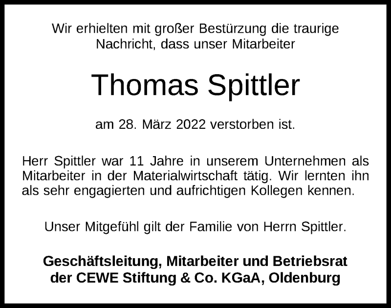  Traueranzeige für Thomas Spittler vom 08.04.2022 aus Nordwest-Zeitung