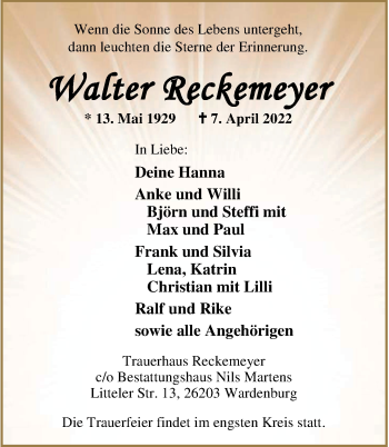 Traueranzeige von Walter Reckemeyer von Nordwest-Zeitung