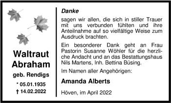 Traueranzeige von Waltraut Abraham von Nordwest-Zeitung