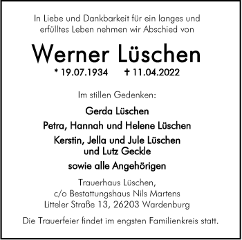 Traueranzeige von Werner Lüschen von Nordwest-Zeitung