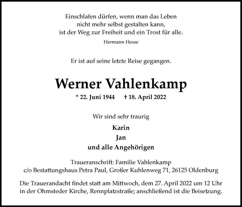  Traueranzeige für Werner Vahlenkamp vom 23.04.2022 aus Nordwest-Zeitung