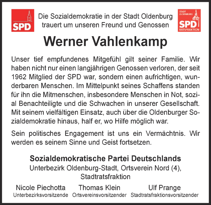  Traueranzeige für Werner Vahlenkamp vom 23.04.2022 aus Nordwest-Zeitung