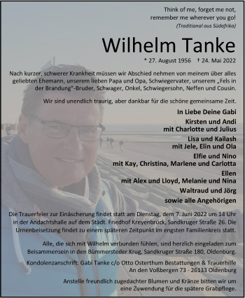 Traueranzeige von Wilhelm Tanke von Nordwest-Zeitung