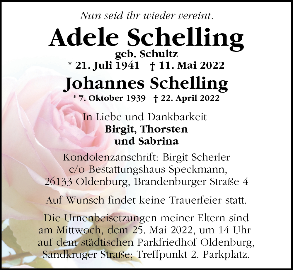  Traueranzeige für Adele Schelling vom 14.05.2022 aus Nordwest-Zeitung