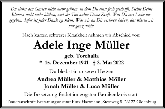 Traueranzeige von Adele Inge Müller von Nordwest-Zeitung