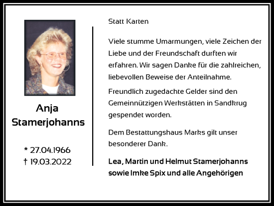 Traueranzeige von Anja Stamerjohanns von Nordwest-Zeitung