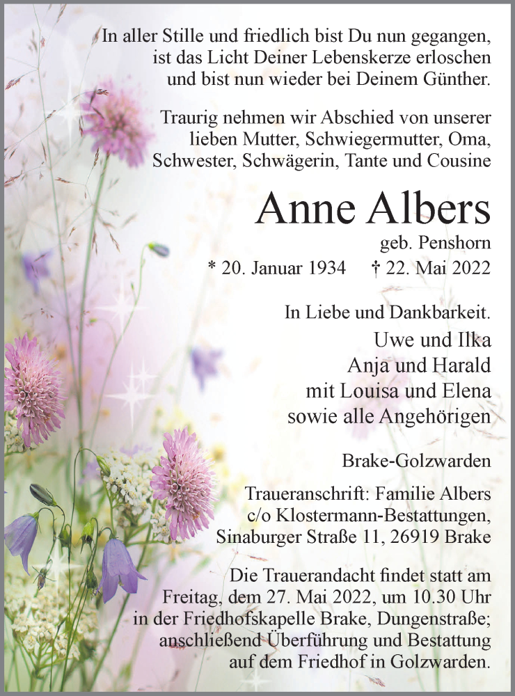  Traueranzeige für Anne Albers vom 24.05.2022 aus Nordwest-Zeitung