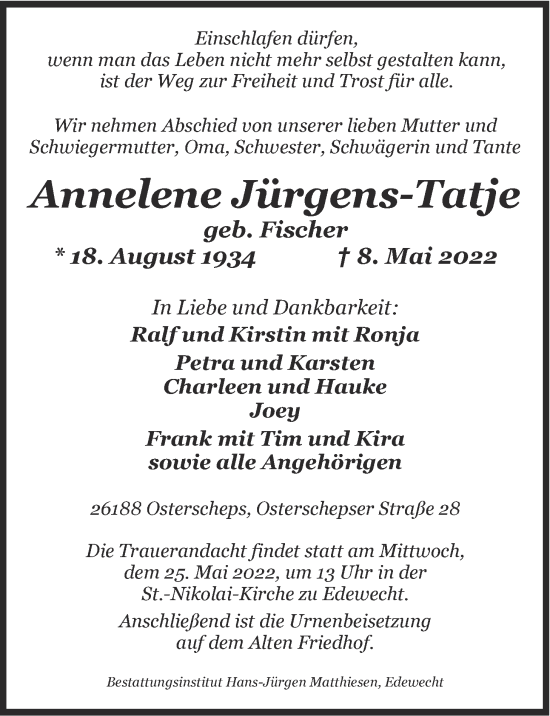 Traueranzeige von Annelene Jürgens-Tatje von Nordwest-Zeitung