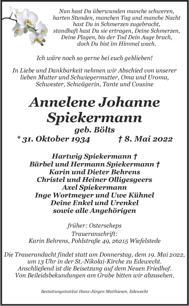  Traueranzeige für Annelene Spiekermann vom 17.05.2022 aus Nordwest-Zeitung