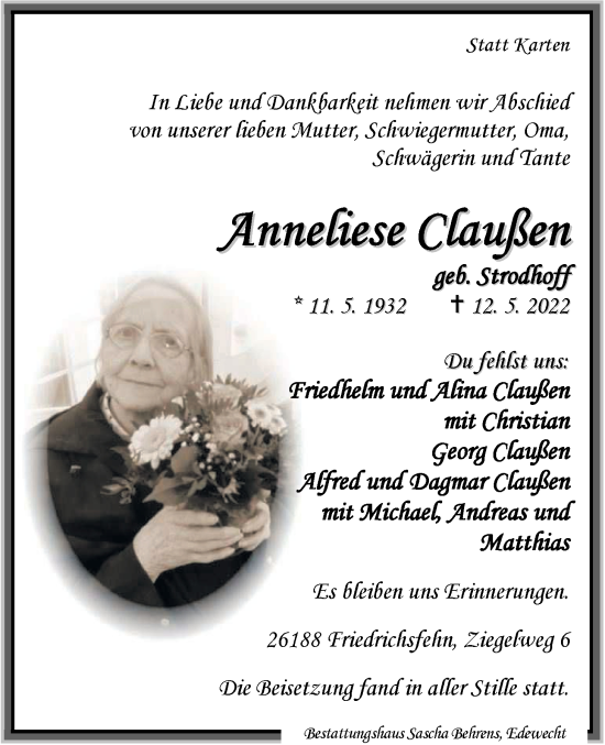 Traueranzeige von Anneliese Claußen von Nordwest-Zeitung