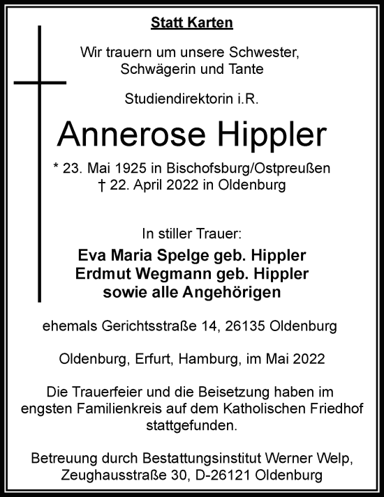 Traueranzeige von Annerose Hippler von Nordwest-Zeitung