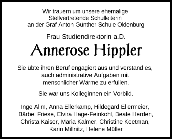 Traueranzeige von Annerose Hippler von Nordwest-Zeitung