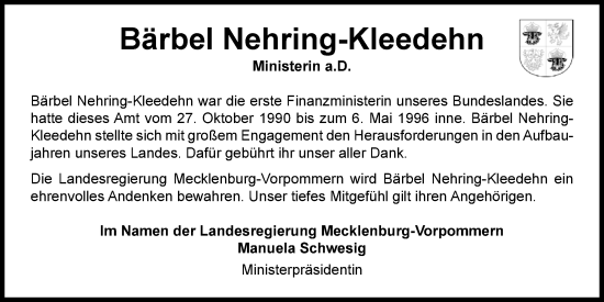 Traueranzeige von Bärbel Nehring-Kleedehn von Nordwest-Zeitung