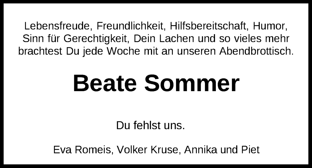  Traueranzeige für Beate Sommer vom 28.05.2022 aus Nordwest-Zeitung