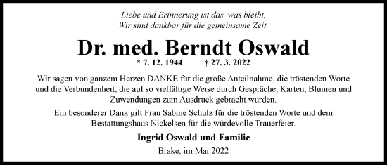 Traueranzeige von Berndt Oswald von Nordwest-Zeitung