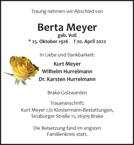 Traueranzeige von Berta Meyer von Nordwest-Zeitung