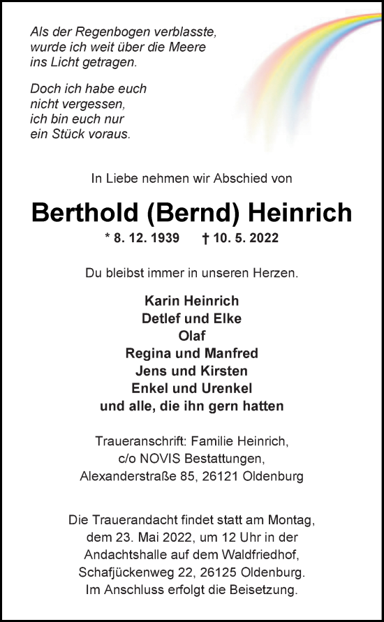 Traueranzeige von Berthold Heinrich von Nordwest-Zeitung
