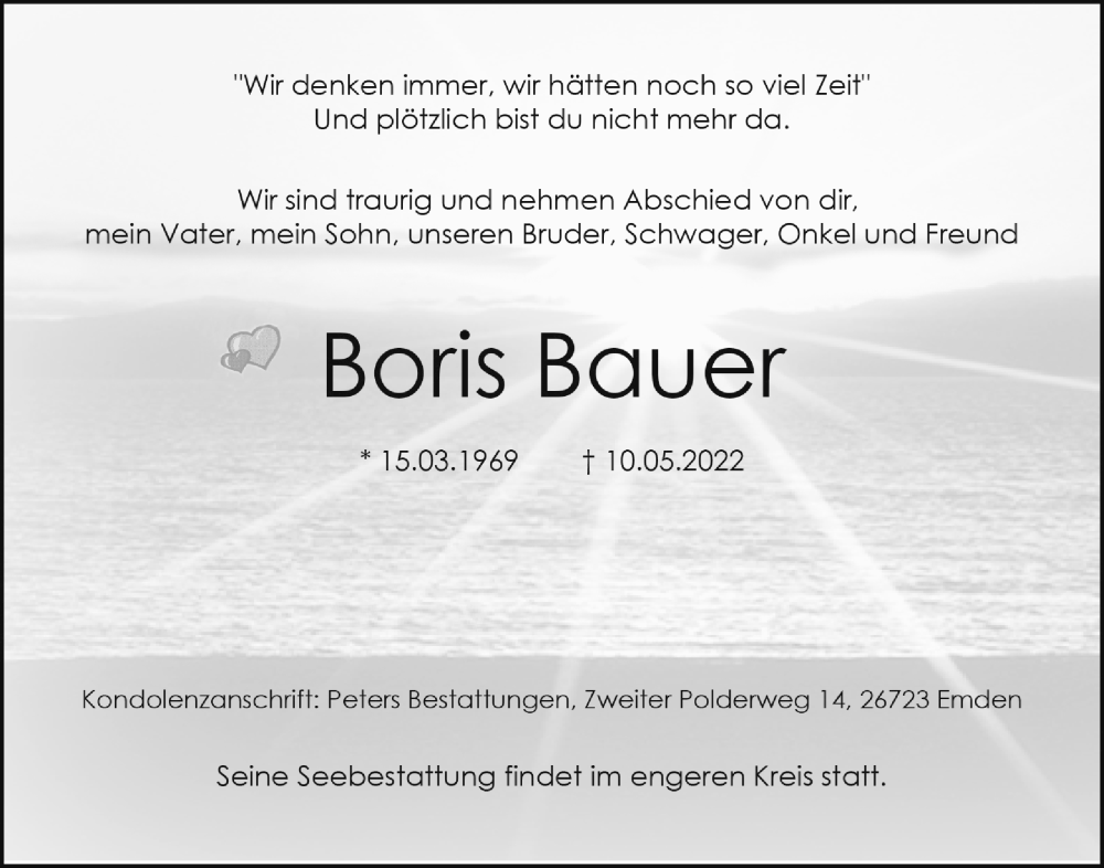  Traueranzeige für Boris Bauer vom 21.05.2022 aus Emder Zeitung