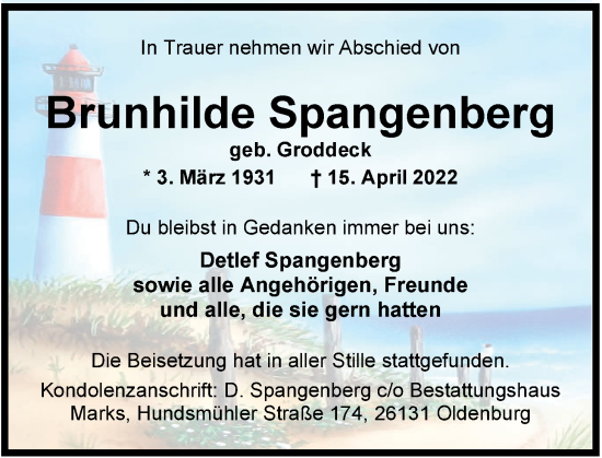 Traueranzeige von Brunhilde Spangenberg von Nordwest-Zeitung