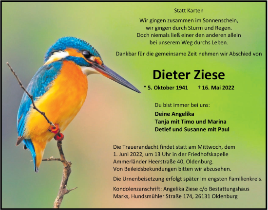 Traueranzeige von Dieter Ziese von Nordwest-Zeitung