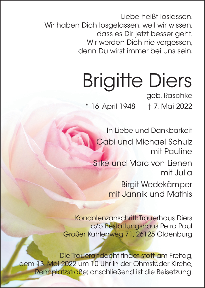  Traueranzeige für Brigitte Diers vom 11.05.2022 aus Nordwest-Zeitung