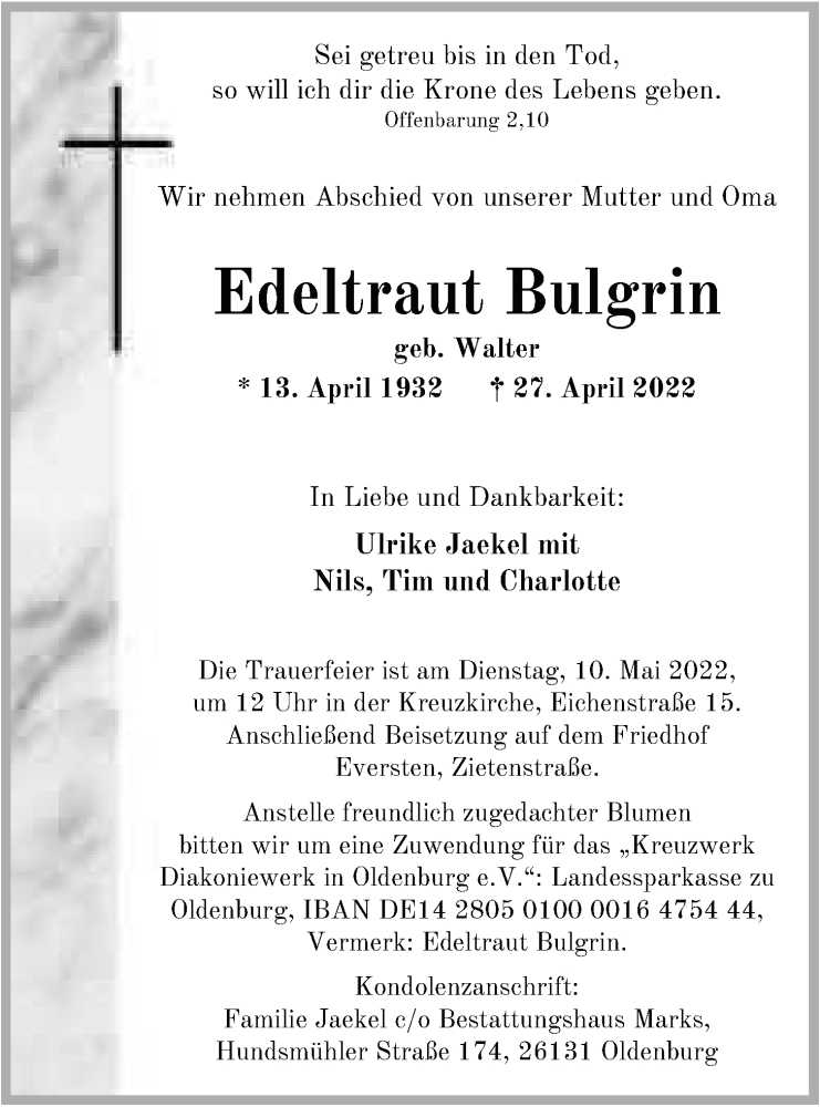  Traueranzeige für Edeltraut Bulgrin vom 04.05.2022 aus Nordwest-Zeitung