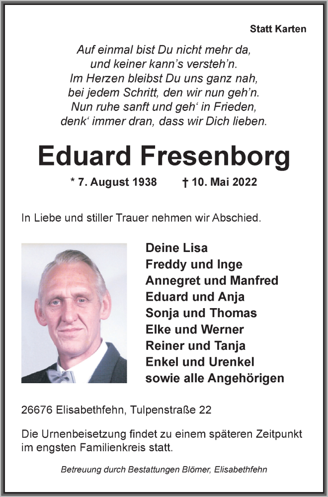  Traueranzeige für Eduard Fresenborg vom 17.05.2022 aus Nordwest-Zeitung