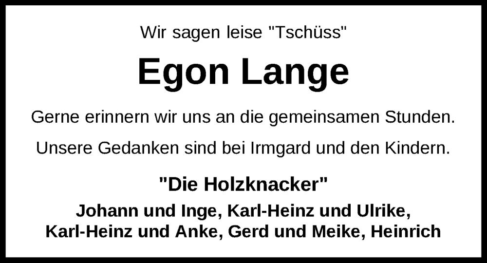  Traueranzeige für Egon Lange vom 31.05.2022 aus Nordwest-Zeitung