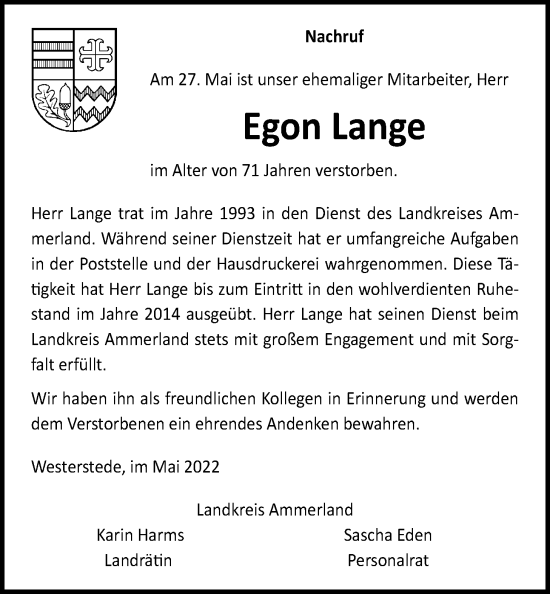Traueranzeige von Egon Lange von Nordwest-Zeitung
