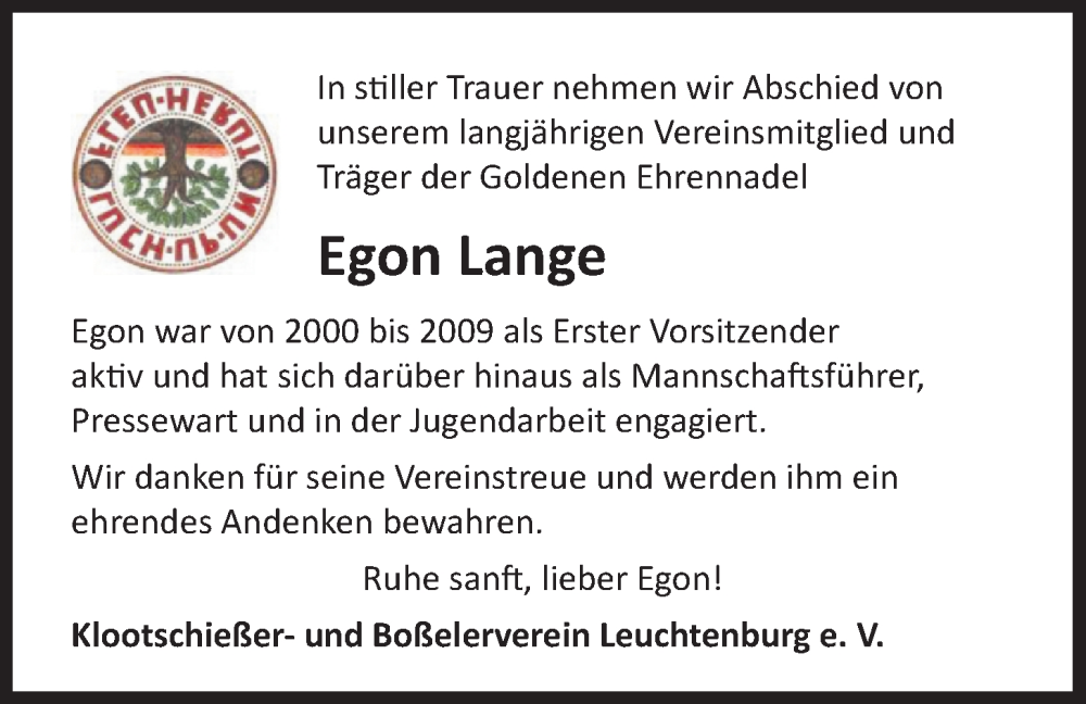  Traueranzeige für Egon Lange vom 31.05.2022 aus Nordwest-Zeitung