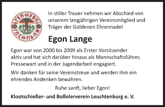 Traueranzeige von Egon Lange von Nordwest-Zeitung