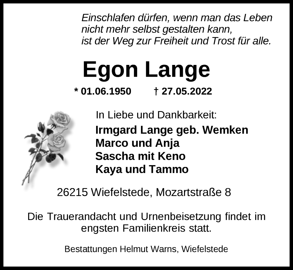  Traueranzeige für Egon Lange vom 31.05.2022 aus Nordwest-Zeitung