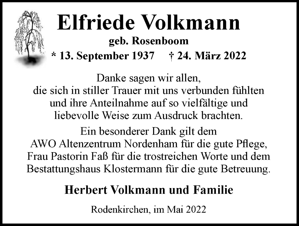  Traueranzeige für Elfriede Volkmann vom 28.05.2022 aus Nordwest-Zeitung