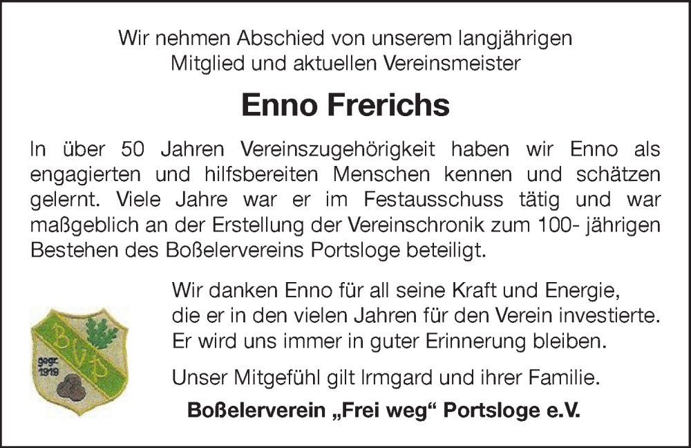  Traueranzeige für Enno Frerichs vom 07.05.2022 aus Nordwest-Zeitung