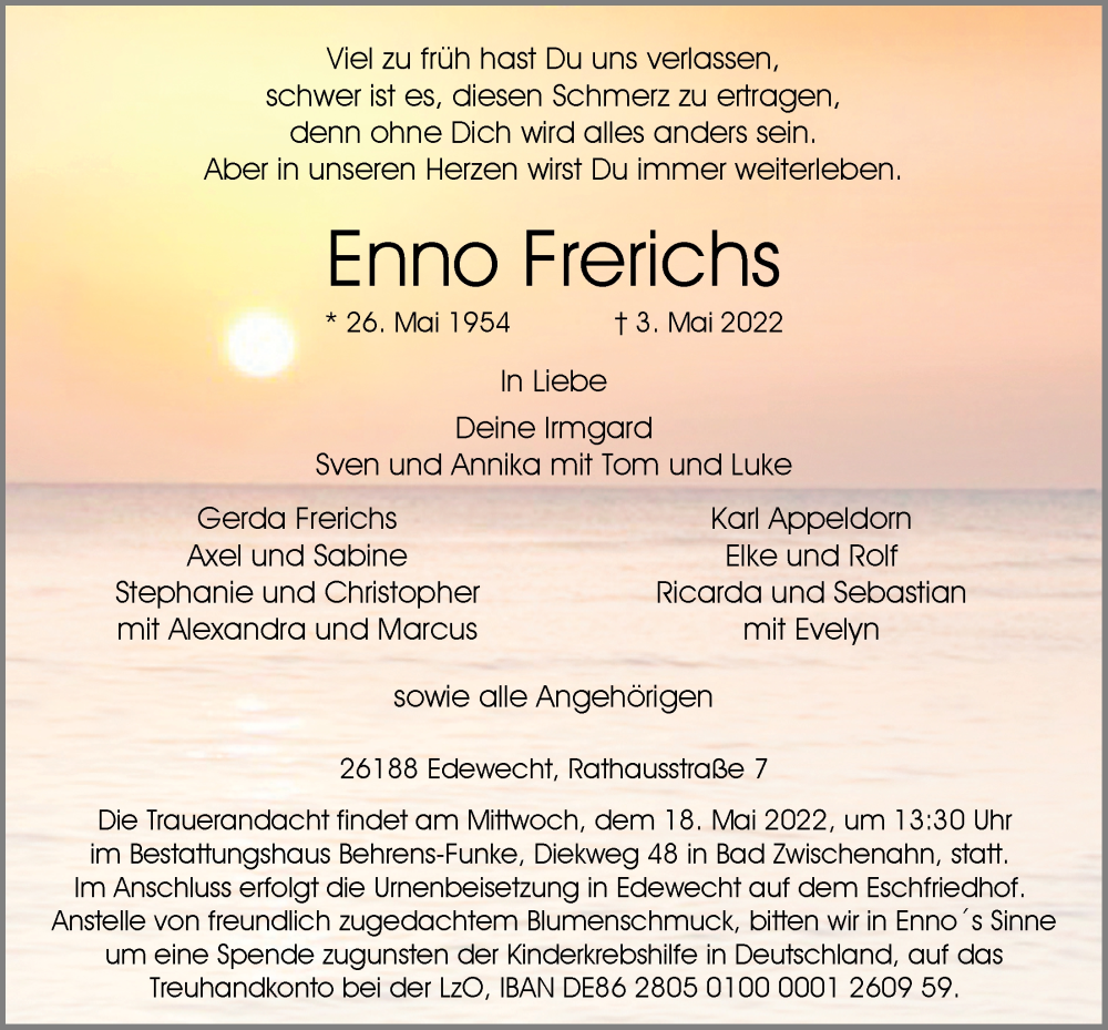  Traueranzeige für Enno Frerichs vom 07.05.2022 aus Nordwest-Zeitung