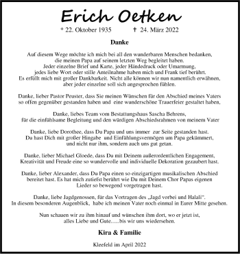 Traueranzeige von Erich Oetken von Nordwest-Zeitung