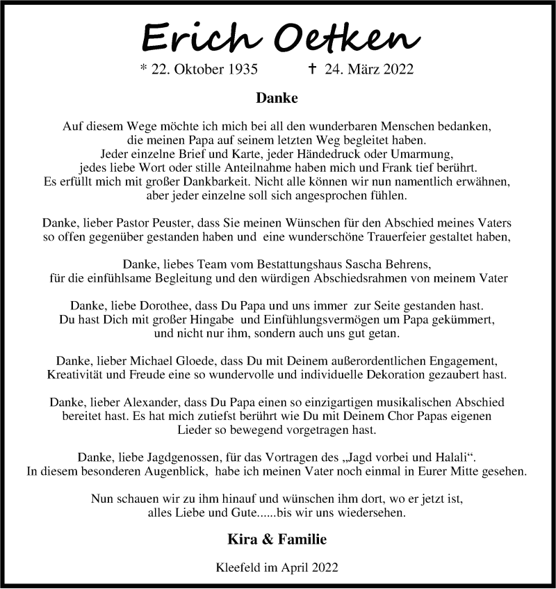  Traueranzeige für Erich Oetken vom 04.05.2022 aus Nordwest-Zeitung