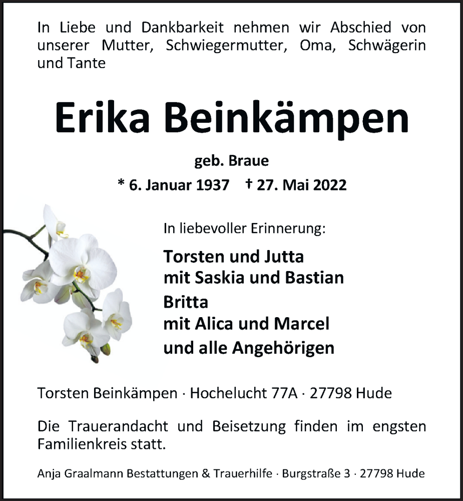  Traueranzeige für Erika Beinkämpen vom 01.06.2022 aus Nordwest-Zeitung
